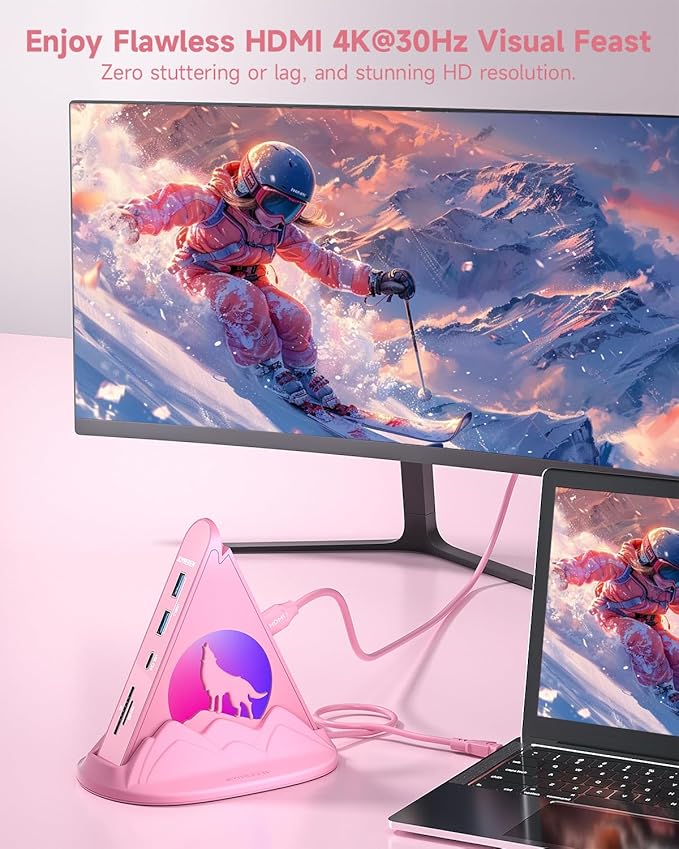 Wolf USB C Hub, Pink 8-in-1 Type C Multiport Adapter with 4K@30Hz HDMI, 100W PD, 5Gbps 1xUSB-C, 3xUSB-A 3.0, SD/TF Slots, Base-Stand, RGB MacBook Adapter for MacBook Air/Pro, iPad, iMac, Surface, XPS