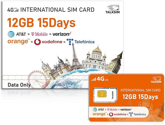 International Data SIM Card 12GB for 15 Days–4G LTE Coverage 45 Countries in USA,UK,Europe,Asia and Africa Prepaid Travel Data Only SIM for Unlocked WiFi Mobile Hotspot,Phones and Tablet–No Contract