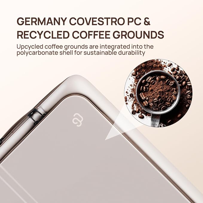 NINETYGO Medium Checked Luggage 25 Inch, Flat Top Opening Checking In Luggage with Cup Holder, Expandable, Coffee-Infused PC Hard Shell, Eco-Friendly, TSA Lock, 360° Spinner Wheels (Latte)