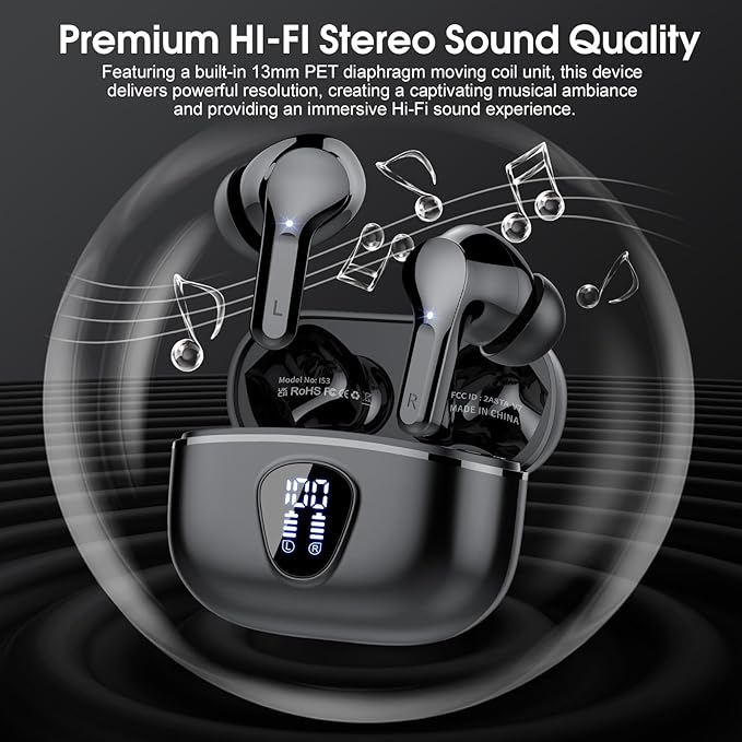 Wireless Earbuds, Bluetooth 5.4 Headphones HiFi Stereo, Bluetooth Earbuds with ENC Noise Cancelling Mic, IP7 Waterproof in Ear Earphones, 48H, LED Display Ear buds for Pad Phones Workout Sports, Black
