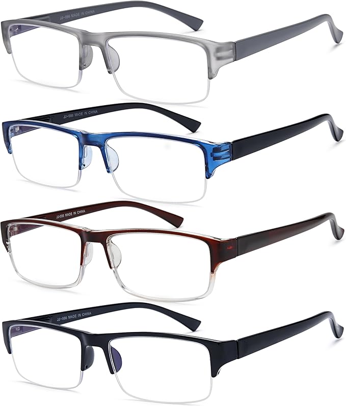 EYEURL 4-Pack Half Frame Blue Light Reading Glasses for Men Rectangle Semi Rimless Readers for Women Spring Hinge Eyeglasses
