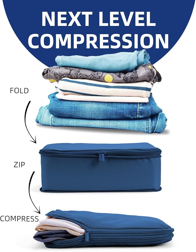 6 Set Compression Packing Cubes for Travel, Large Medium Small Luggage Organizers (Dark Blue)