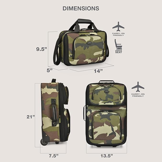 U.S. Traveler Rio Rugged Fabric Expandable Carry-on Luggage, Rolling Suitcase, Camouflage, 2 Wheel Set