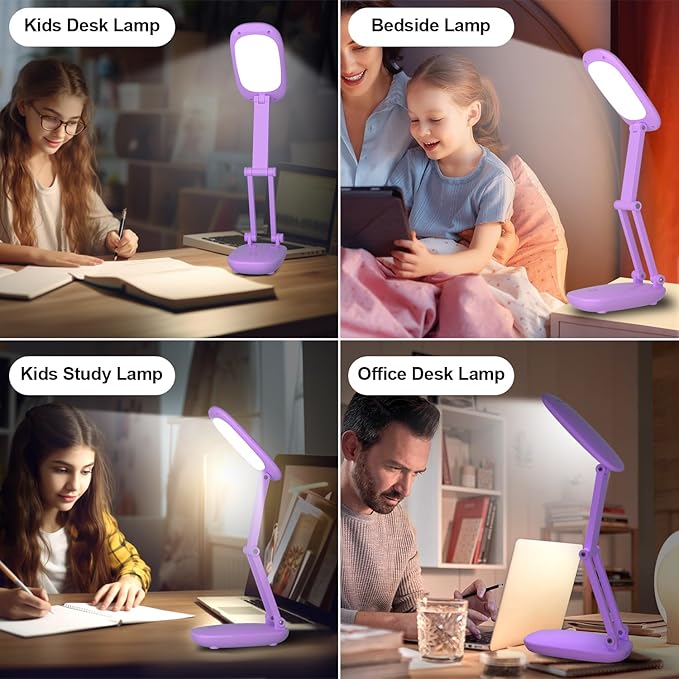 LED Desk Lamp for Office Home & Battery Operated Lamp Rechargeable Lamp Foldable & Portable Light, [2-Fold Bracket] 3 Brightness Dimmable Small Desk Lamp Wireless Reading Lamp (Purple)
