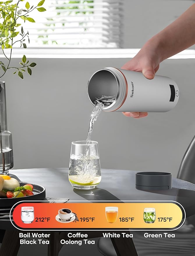 Sekaer Travel Portable Electric Kettle, Small Tea Kettle Coffee Mini Hot Water Boiler, 400mL & 304 Stainless Steel, with 4 Variable Presets and Auto Shut-Off SKE-840W