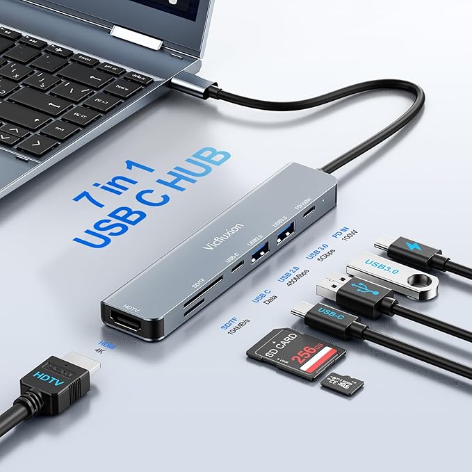 USB C Hub Multiport Adapter 7-in-1 with 4K HDMI Dongle USB 3.0,SD/TF Card Reader, 100W PD Charging, Aluminum, USB C Docking Station USB c hub for MacBook Pro/Air, PC/Laptop/Tablet Devices