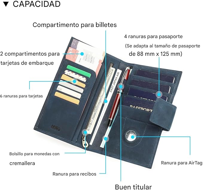 CONTACTS Full Grain Leather Family Passport Holder for 4 Airtag Passport Wallet RFID Blocking Travel Passport Cover with 4 Passport Slot, 6 Card Slot (Blue)