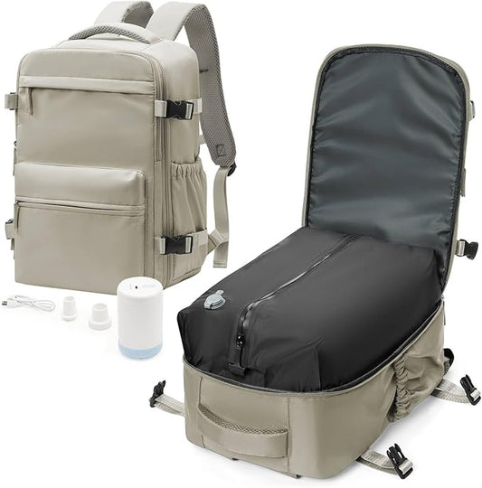 Vacuum Travel Backpack with Pump for Women,Personal Item Carry on Backpacks Flight Approved 18x14x8 inches for Men,Laptop Waterproof Work Compression bags Casual Daypack GreyBrown