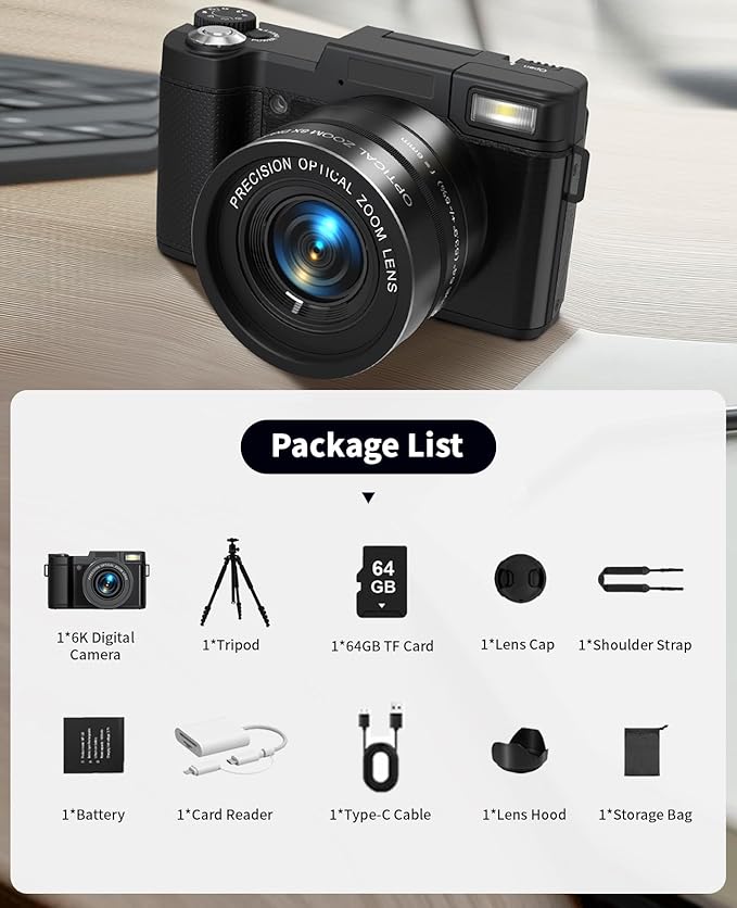 FLATIC 6K Digital Camera, 75MP Cameras for Photography with 8X Optical Zoom & Tripod, Anti-Shake Vlogging Camera with 3" 180° Flip Screen, 64GB Card, Card Reader (Optical Zoom)