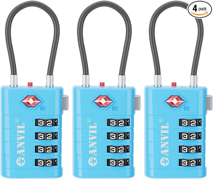 ANVIL 4 Digit Luggage Locks, TSA Locks for Luggage, Advanced TSA008 core, Alert Indicator for Your Travel Lock, Suitcase Lock. (3, Blue)