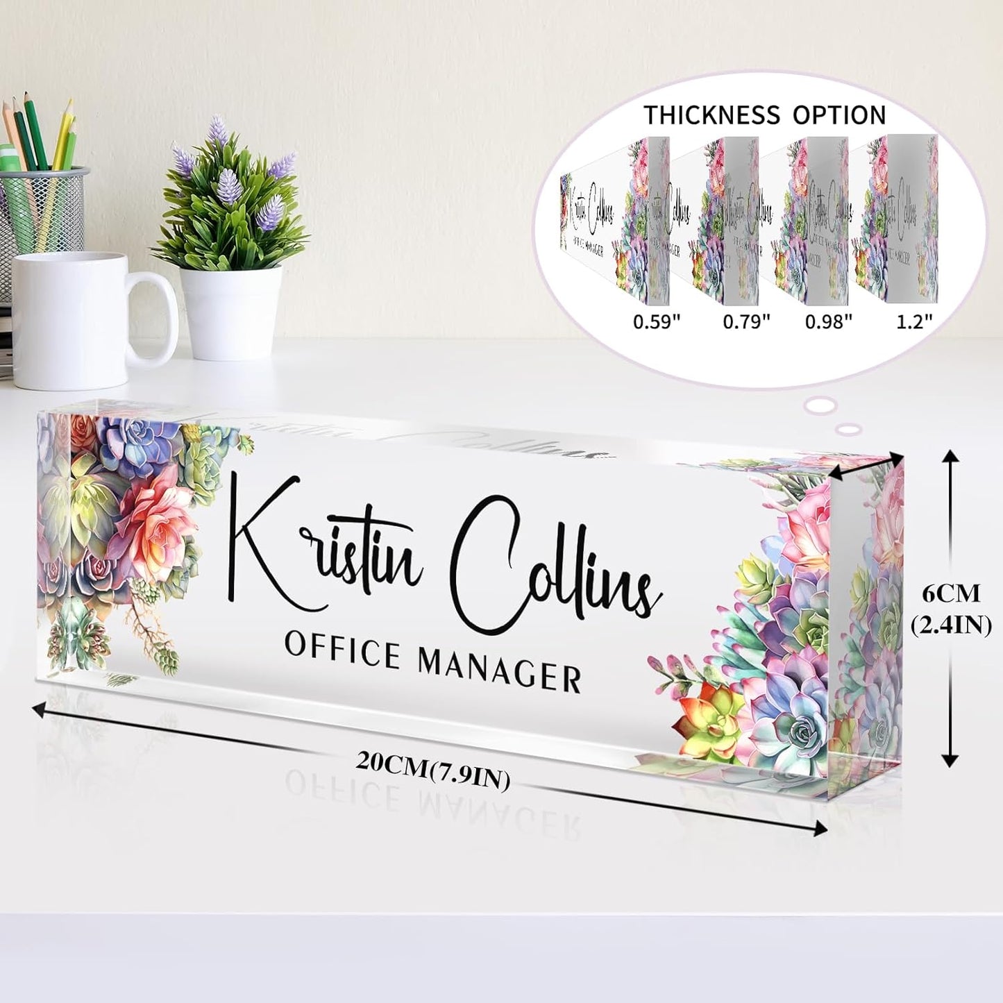 Custom Name Plate for Desk, Acrylic Office Decor For Women Men, Personalized Office Desk Accessories, Teacher Employee Appreciation Gifts For Social Worker Boss Coworkers (Succulent 1)