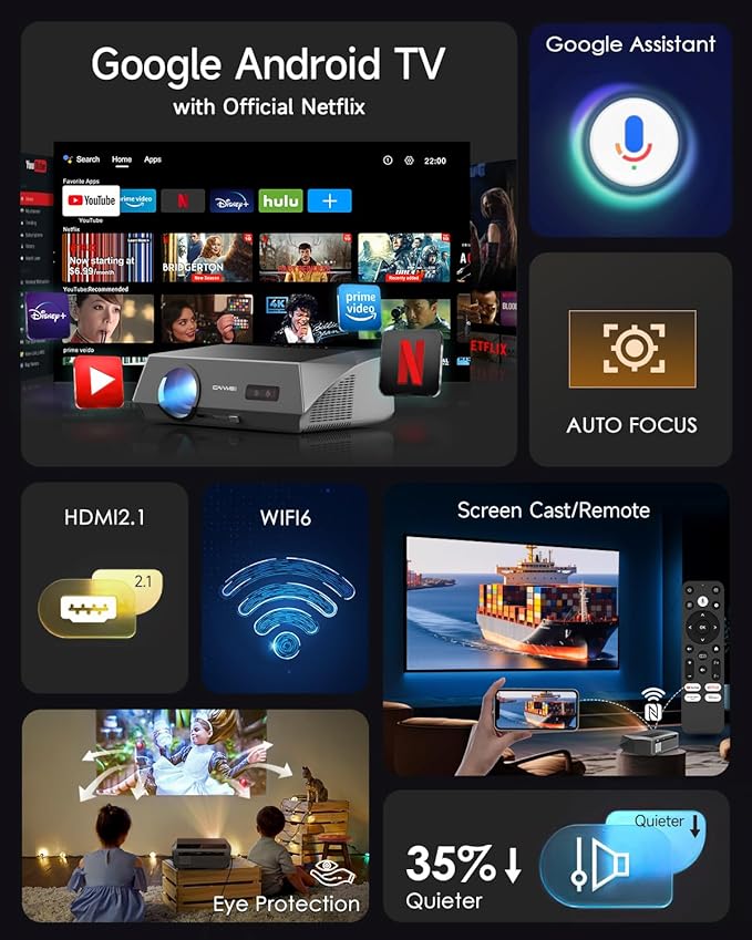 Daytime Projector 4K Ultra HD, Bright 1800ANSI High Lumen, HDMI ARC, HDR10+, Smart LED Android TV Projector' with WiFi Bluetooth Apps ToF Auto Focus Voice Remote, Ceiling for Home Theater Movie Gaming