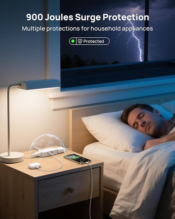 TROND Flat Plug Power Strip 3FT, Small Flat Extension Cord with Multiple Outlets, 4 AC and 4 USB Ports (2 USB C), Wall Mount 900J Surge Protector for Home Office Travel Dorm Room Essentials, White