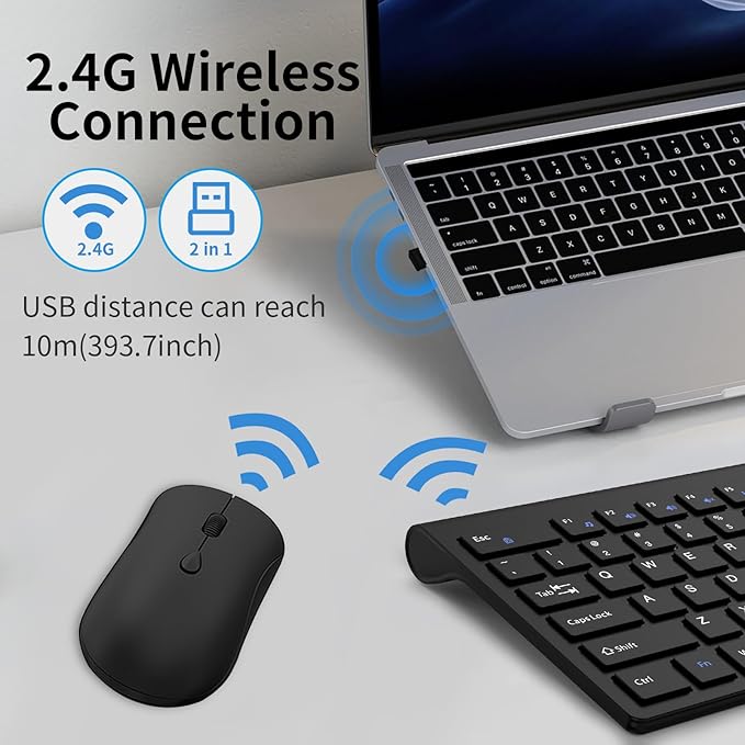 Wireless Keyboard and Mouse Combo, Silent Full-Size Computer Keyboard with Calculator Button, 2400 DPI Mice, Quiet Click, Slim Cordless USB Set for Laptop PC Windows Mac - Black