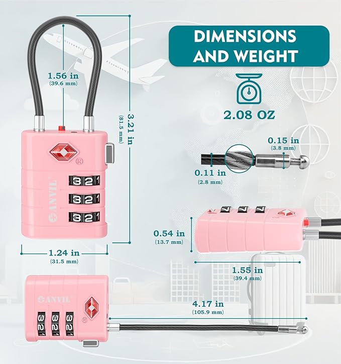 ANVIL TSA Approved Luggage Locks – High Security TSA008 Combination Travel Locks with Inspection Indicator for Suitcases and Backpacks. (2, Pink)