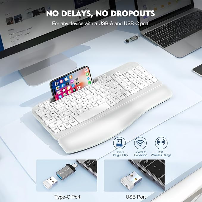 Ergonomic Wireless Keyboard with Cushioned Wrist Rest, Wave Keys, Phone Holder, Comfortable Natural Typing, 2.4GHz Full Size Cordless USB Computer Keyboard for Laptop, Mac, Windows (White)