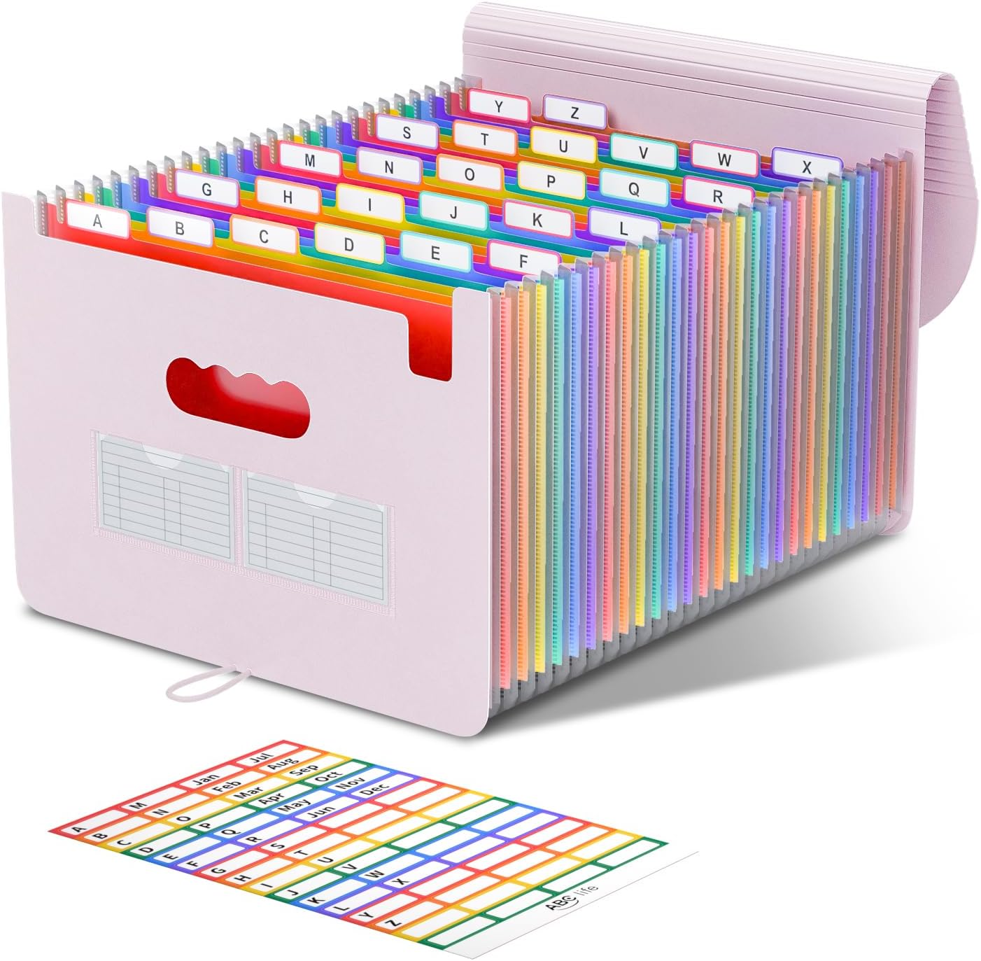 ABC life 26 Pockets Accordian File Organizer Expanding File Folders, Portable Letter A4 Size Filing Box,Plastic Monthly Receipt Document Organizer with Colored Tabs (Pinkish Purple)