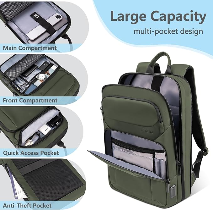 Backpack for Men Slim & Expandable Travel Laptop Backpack with USB Charging Port Water Resistant Anti-Theft Business Backpack Fits 15.6 Inch Laptop for Commute Work College with Small Bag(Olive Green)