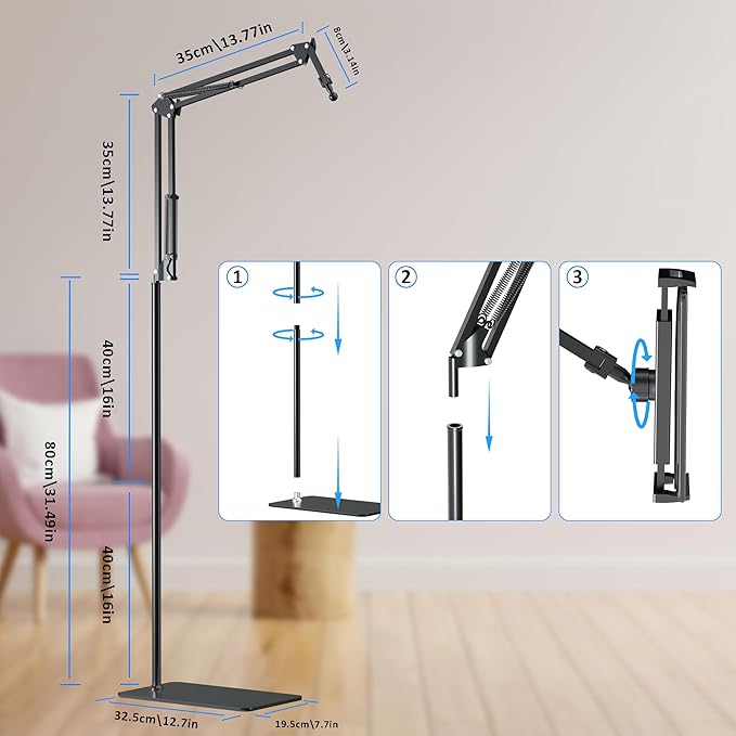 Floor Fire Tablet Stand for Reading in Bed with Page Turner Remote, Fire HD 8 9 10 Max Tablet Holder Accessories with Scrolling Ring Clicker Compatible with iPad iPhone Android Phones