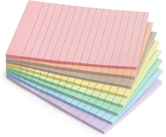 4x6 Inch Lined Sticky Notes, 8 Pack, Light Colors, Premium Self-Adhesive Notepads, Large Sticky Pads for Office, School & Home Use, Easy to Use, Reusable & Removable