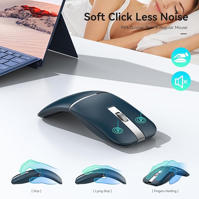 Bluetooth Wireless Arc Travel Mouse, Dual Model (2.4G+BT5.1) Rotating Foldable Mouse for Microsoft, Rechargeable Slim Portable Mice for Laptop, Notebook, PC, MacBook, Chromebook - Sapphire Blue