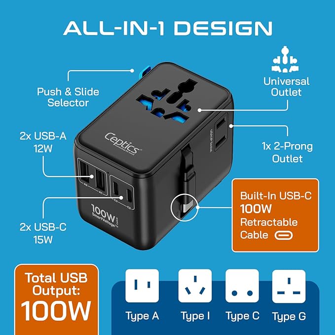 Ceptics GAN 100W Universal Travel Adapter with Retractable USB-C Cable, 2X USB-A & C, Universal Input and 1x USA/JP Input, 7 in 1 Universal Adapter for Worldwide Travel - Type A, C, G, I Output