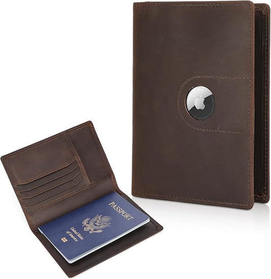 Polare Slim RFID Blocking Leather Passport Holder Travel Bifold Wallet For Men (Dark Brown with AirTag Slot-B)