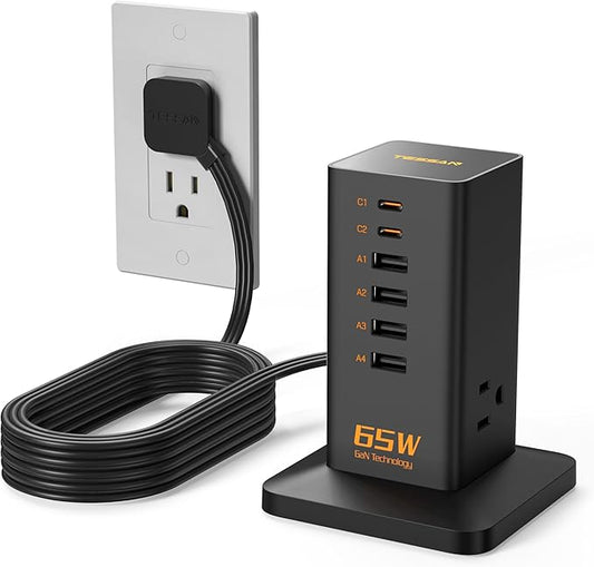 USB Charging Station for Multiple Devices 10Ft Cord, TESSAN 9-in-1 USB C Charger Block PD 65W for iPhone 16/15, MacBook, Tablet, Type C Desktop Charger with 3 AC, Home Travel Office Accessories