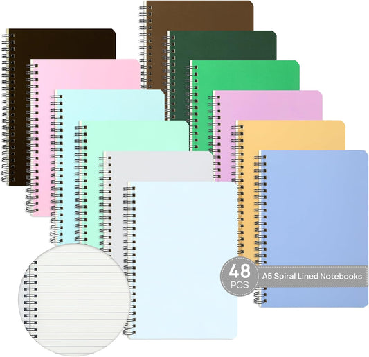 miikoul 48 Pack A5 Spiral Lined Notebooks, 8.3" X 5.5", 60 Sheets/120 Pages Wide Ruled Notebook Spiral Journals Bulk Paper Cover Notepad 12 Colors for Students Taking Class Notes Home Office Gift