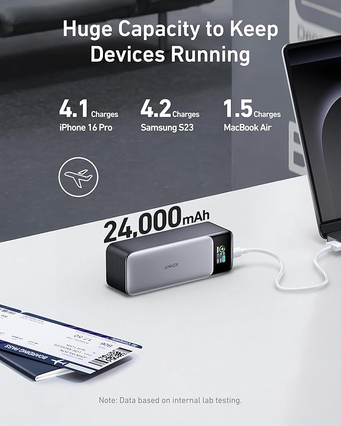 Anker 737 Power Bank, 24,000mAh 3-Port Laptop Portable Charger with 140W Fast Charging, Smart Display, for Outdoor Work, Compatible with iPhone 16/15/14 Series, Vision Pro, Samsung, MacBook, and More