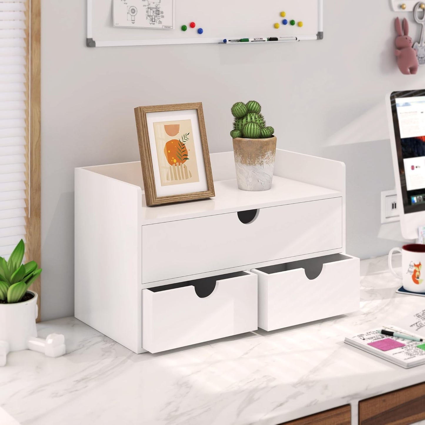 Bamboo Desk Organizer with Drawers Desktop Storage Drawers for Bills Office Supplies Kitchen Utensils Organizing Tool for Home Classroom Organization No Assembly (White with Shelf)