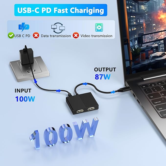 HDMI Splitter for Dual Monitors, 4K@60Hz USB C to Dual HDMI Adapter for Dell/HP/Mac Laptops with PD, USB3.0, Double HDTV Adapter for 2 Monitors, HDTV Splitter Extended Display, USB-C Hub Multiport