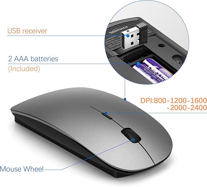 Wireless Keyboard and Mouse Ultra Slim Combo, TopMate 2.4G Silent Compact USB 2400DPI Mouse and Scissor Switch Keyboard Set with Cover, 2 AA and 2 AAA Batteries, for PC/Laptop/Windows/Mac - Gray Black