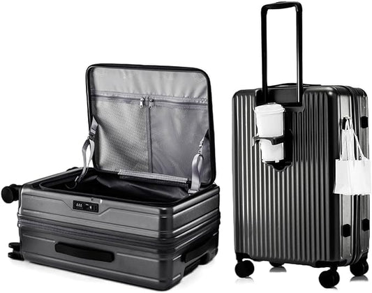 HotWay 24 Inch Expandable Checked Luggage with Cup Holder, Hardside TSA Approved Luggage with Spinner Wheels, Top Opening Suitcase For Travel, Black