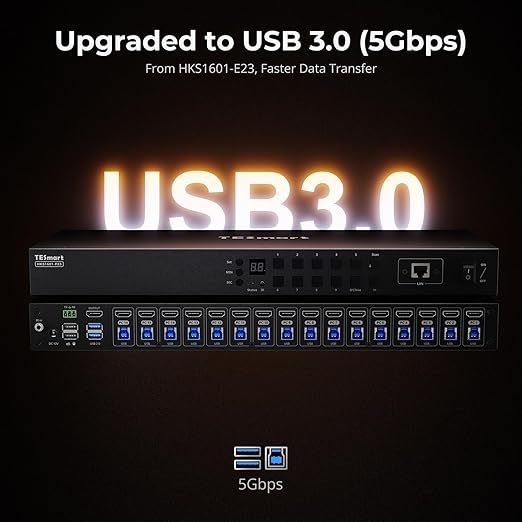 TESmart 16X1 HDMI KVM Switch USB 3.0, 4K@60Hz Rackmount KVM 16 Port Enterprise-Grade EDID Emulator | Hotkey Switch | RS232 | LAN Port | IR Remote | IP Control | Auto Scan | with 8 Pcs 5ft KVM Cable