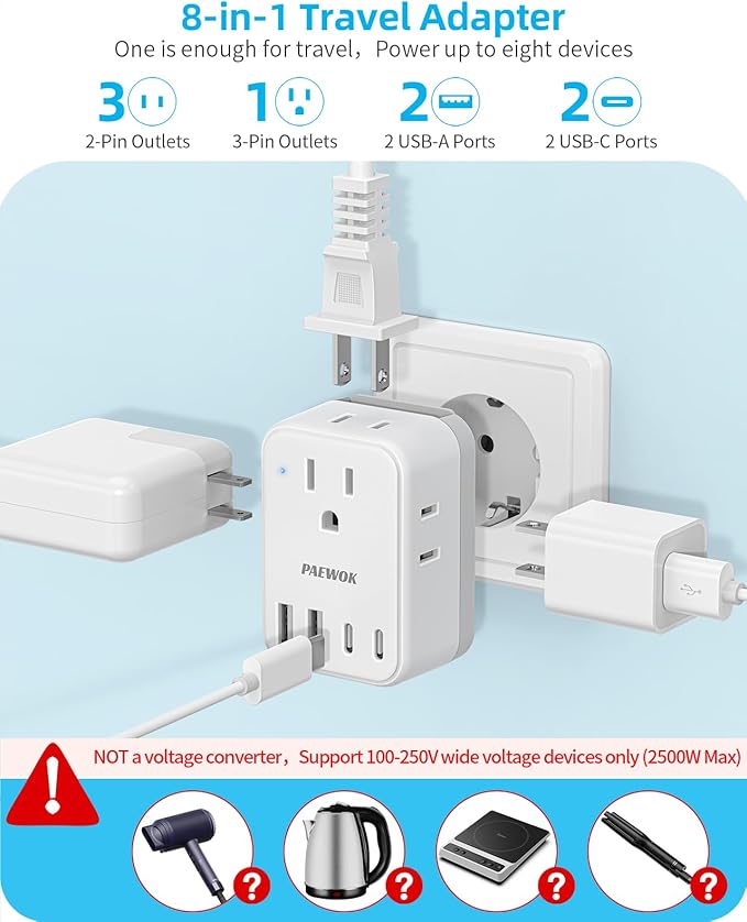 International Travel Adapter Set, US to UK/EU/South Africa/India Universal Power Adapter- 4 AC Outlets 4 USB Ports (2 USB C), Travel Plug Adapter Kit Include Type G/C/M/D Detachable Plug