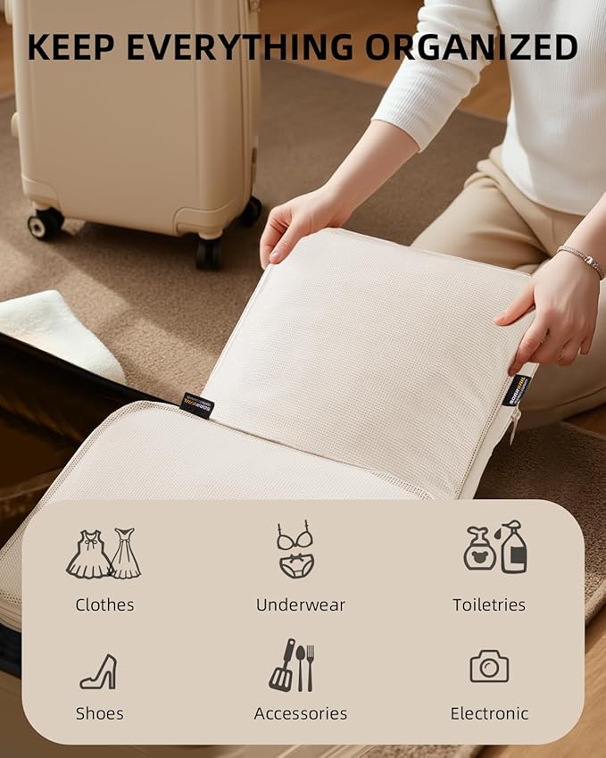 6 Set Compression Packing Cubes, Suitcase Storage Bags for Clothes and Travel Essentials (Cream White)