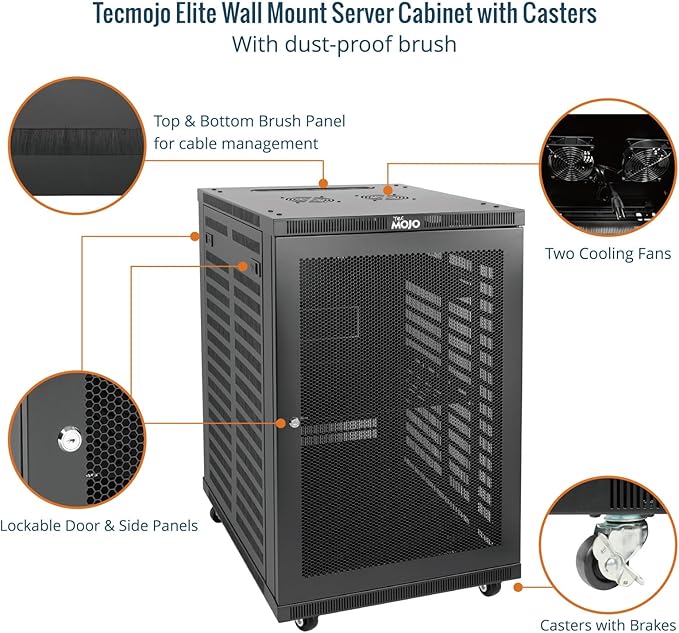 Tecmojo 18U Wall Mount Rack,18U Rack 23.6 Inch Depth,Hold Up to 176 Lbs,Server Rack with Casters,Enclosed Network Cabinet Kit for 19 Inch Network,Server and AV Gear,Mesh Door(Elite Collection)
