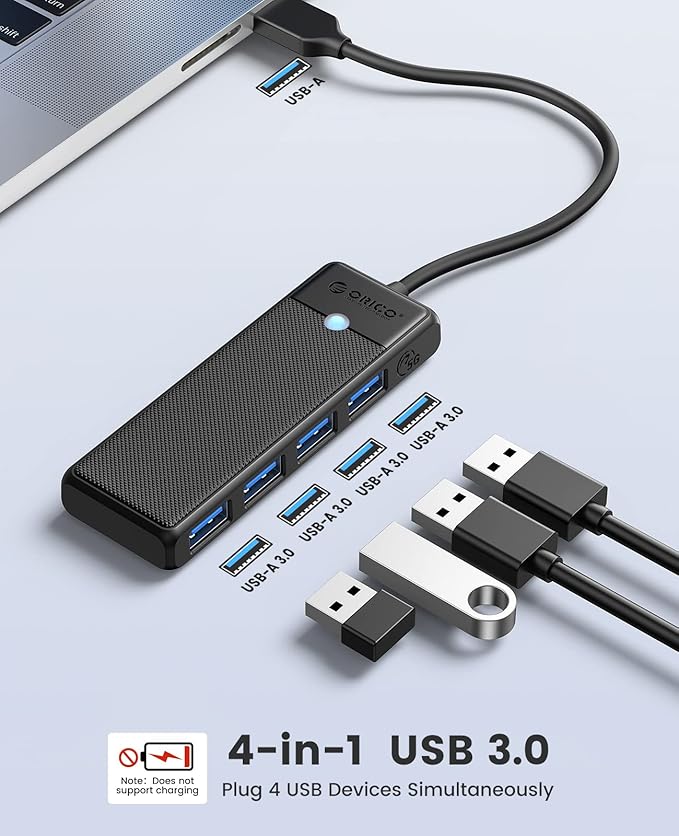 ORICO USB 3.0 Hub, 4-Port USB Hub with Long Cable, Ultra Slim USB Splitter for Laptop MacBook Pro, iMac, Surface Pro, XPS, PS5，PC, Flash Drive, Mobile HDD (Black/6ft)