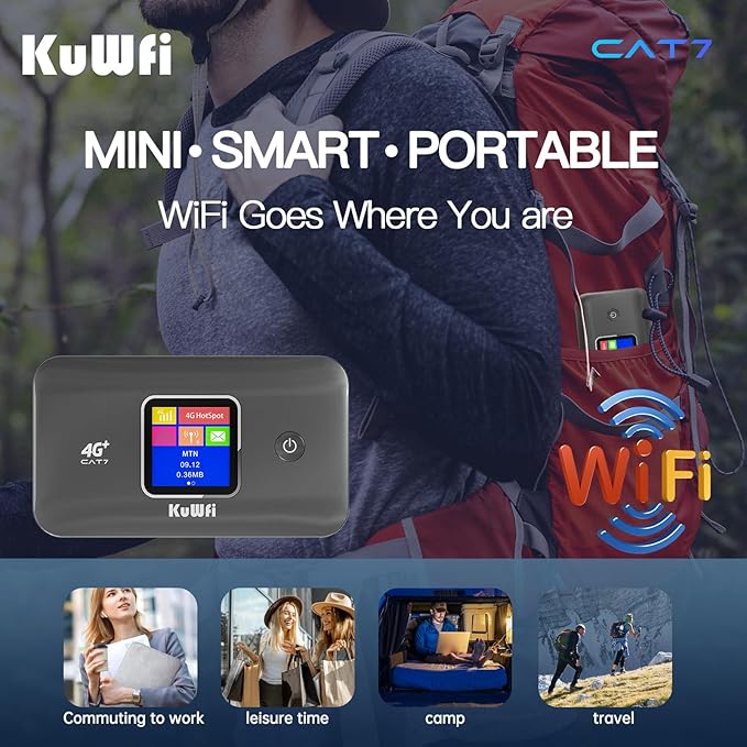 KuWFi 4G+ CAT7 Unlocked 4G LTE Mobile WiFi Hotspot, 300Mbps High-Speed Travel Router with SIM Card Slot for RV/Camping/Trips, Works with T-Mobile AT&T