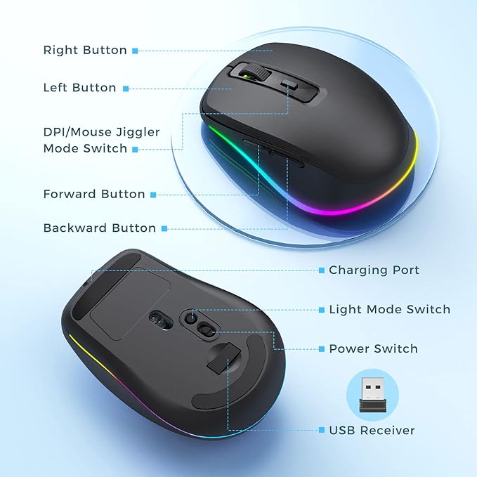 PEIOUS Wireless Mouse Jiggler - LED Wireless Mice with Build-in Jiggler Mover, Rechargeable Moving Mouse for Computer with Undetectable Random Movement Keeps PC Laptop Awake - Black
