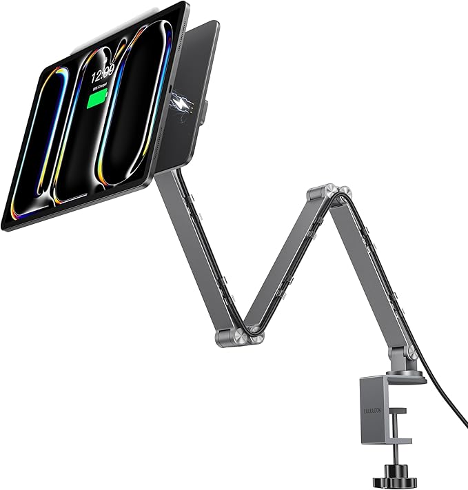 LULULOOK [Upgrade] Magnetic Wireless Charging Stand for iPad Pro 11" M4(2024) Only, Rock Steady iPad Stand for Desk with Foldable Aluminum Alloy Arm, Adjustable Tablet Mount with 2M Braided Cable