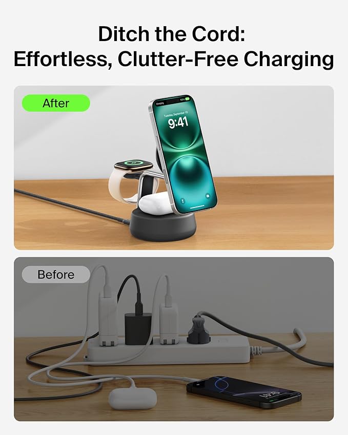 Belkin MagSafe Charger Compatible, 3-in-1 Charging Station, Qi2.2 25W w/Cooling Fan (On/Off Control) Magnetic Wireless Charger for iPhone 17, Apple Watch, AirPods, Pixel 10 (45W Adapter Included)