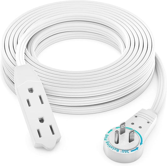 Maximm Cable 25 Ft 360° Rotating Flat Plug Extension Cord/Wire, 16 AWG Multi 3 Outlet Extension Wire, 3 Prong Grounded Wire - White - UL Certified