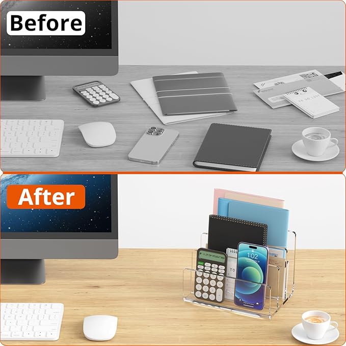 Richboom Acrylic File Sorter, 8.5"x6.3"x6.2", Upright File Organizer for Desk, Mail Organizer Countertop, File Holder for Letter, Document, Notebook, Clear, 3 Sections
