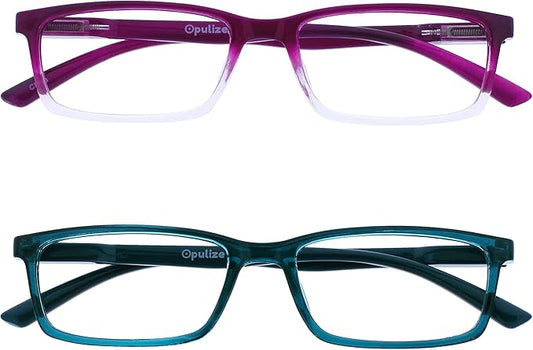 OPULIZE SEE Reading Glasses with Blue Light Blocking for Women and Men, Narrow Frame, Spring Hinges, Computer Gaming Glasses, Purple,Turquoise +3 (Pack of 2)