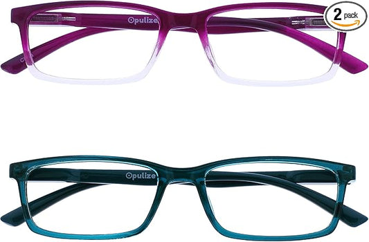 OPULIZE SEE Reading Glasses with Blue Light Blocking for Women and Men, Narrow Frame, Spring Hinges, Computer Gaming Glasses, Purple,Turquoise +2.5 (Pack of 2)