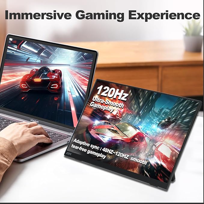 AXM 16" 2.5K Portable Monitor 2.5k QHD IPS 120Hz Adaptive Sync HDR Flicker-Free 400 Nits 100% DCI-P3 USB-C HDMI Gaming & Travel for Laptop Compatible with Windows, MacBook, Phone, Switch, Xbox PS4/5