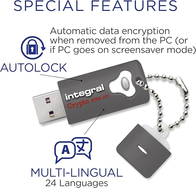 Integral 32GB Crypto-197 256-Bit Hardware Encrypted 3.0 USB Secure Flash Memory Drive - Certified to FIPS 197, Brute-Force Password Attack Protection & Rugged Double-Layer Waterproof Design