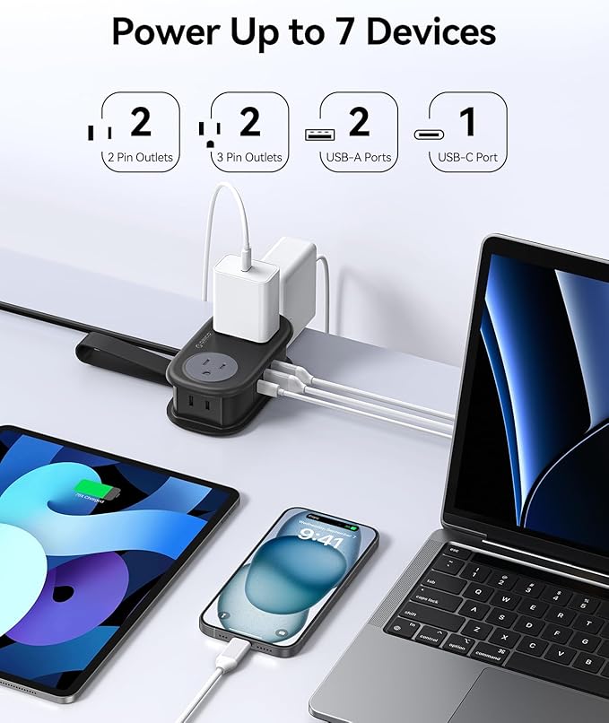 ORICO Travel Power Strip PD20W with 4 AC Outlets 3 USB Ports (1 USB-C), 4FT Flat Plug Extension Cord, Compact Portable Design for Business Travel, Cruise Ship Essentials-AP3